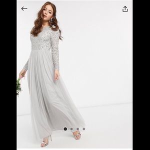 Long light grey flowing  gown with beading detail